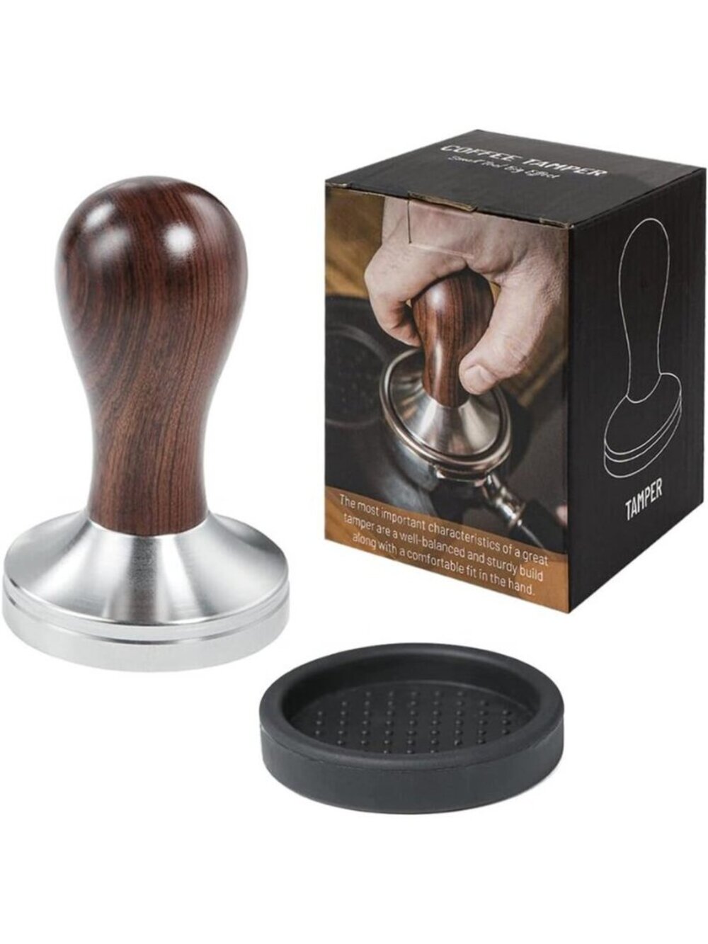 Coffee Tamper Espresso Press with Tamper Mat 304 Stainless Steel Flat Base Woode